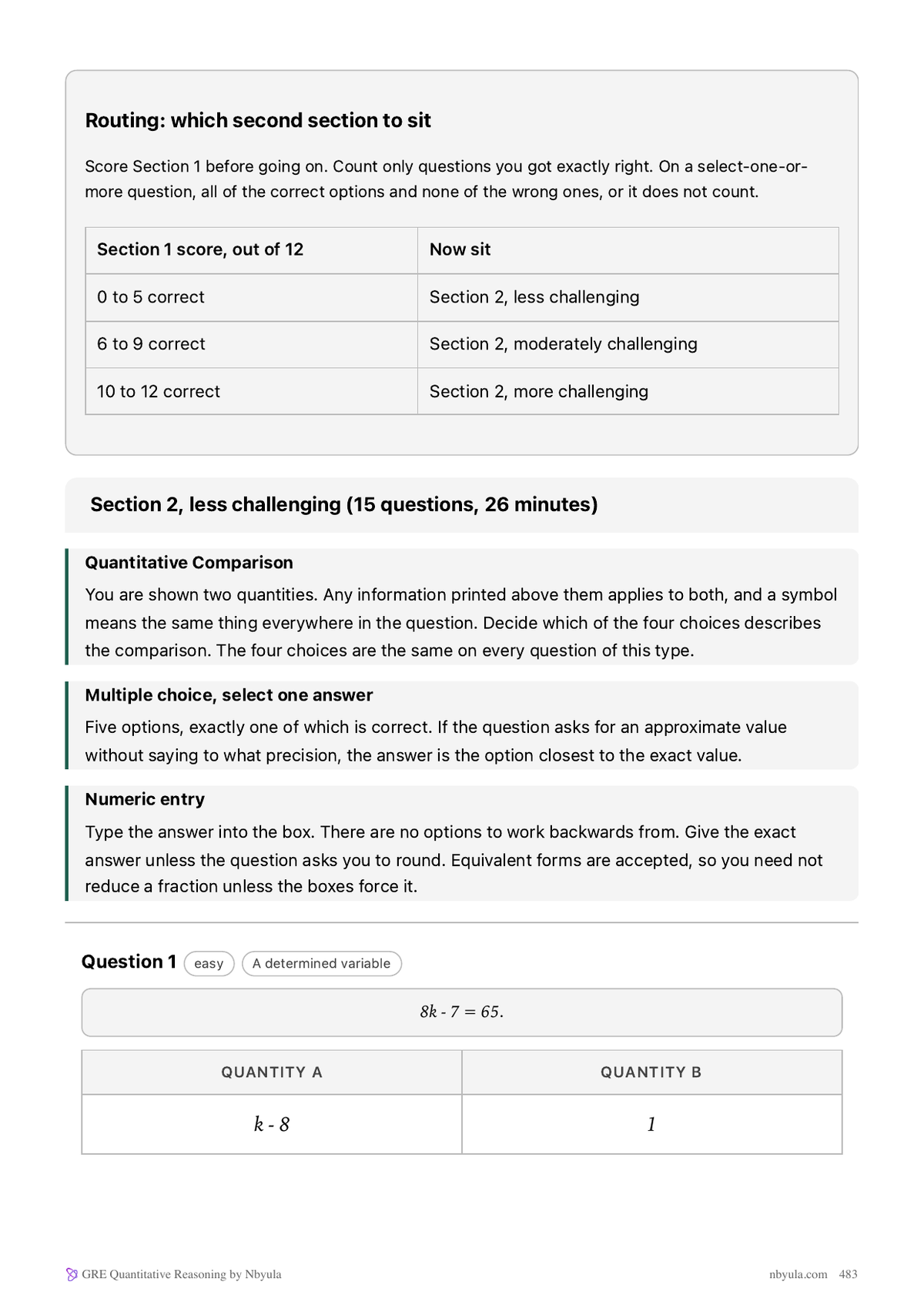 The mock's routing table: your section 1 score decides which second section you sit