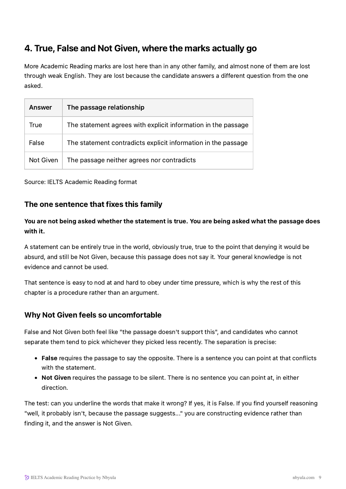 True, False and Not Given explained: what the passage does with a statement, not whether it is true