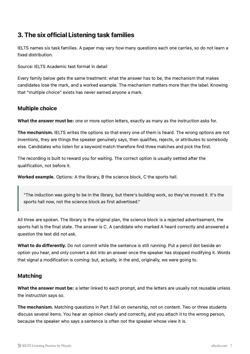 The six Listening task families, each with the mechanism of the mistake and a worked example