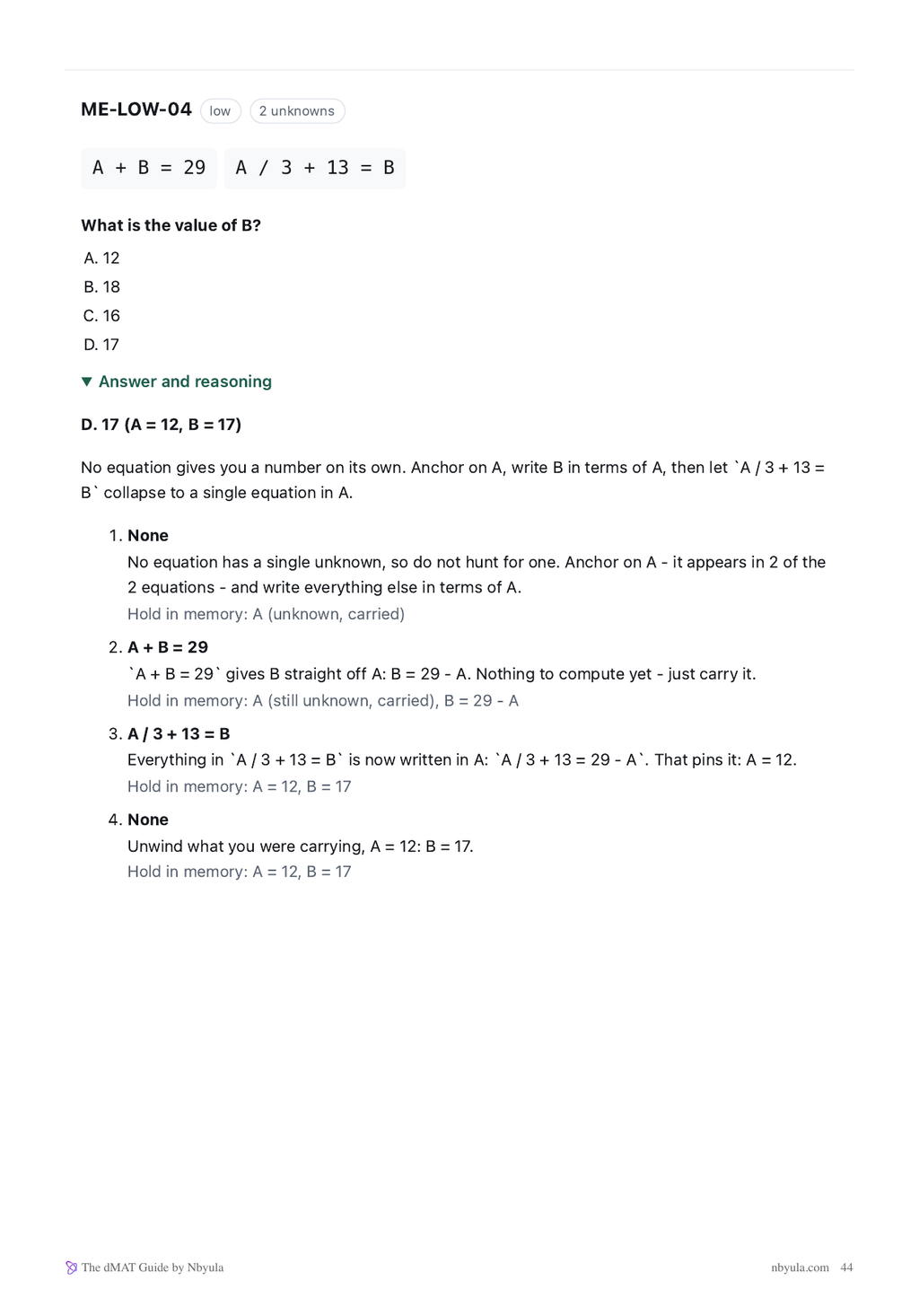 Mathematical Equations: a worked item showing exactly what to hold in memory
